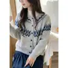 Casaco cardigã de tricô jacquard Fair Isle vintage suave para outono e inverno feminino, solto e grosso, casual e macio, cardigã de tricô torcido