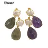 WT-E696 Pendientes Medianos de Estilo de la Corte China con Piedras de Colores y Perla de Agua Dulce para Mujer, Pendientes para el Viaje Diario