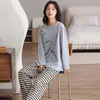 Pijama Feminino de Algodão Puro com Desenho Primavera e Outono Novo Gola Redonda Pulôver Pode Ser Usado Fora Calça de Manga Longa Conjunto para Casa