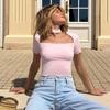 Top Camiseta de Verano Nuevo para Mujer Europea y Americana, Color Sólido, Cuello Halter, Cuello Alto, Manga Corta, Hueco, Jompon para Mujer