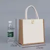 Bolsa de arpillera en blanco personalizada con cuerda de algodón pintada a mano, Bolsa de compras de yute de un solo hombro para bricolaje con cremallera, Bolsa de arpillera tipo tote con patchwork vintage
