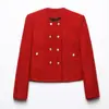 Roupas Femininas Europeias e Americanas Transfronteiriças Outono/Inverno 2025, Moda de Alto Padrão, Gola Redonda, Botões Duplos, Peça de Exterior Curta Vermelha no Estilo Chanel