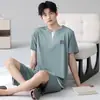 Pijama de verano para hombre, delgado de algodón modal, fresco al tacto, conjunto de shorts de manga corta, jersey de cuello redondo, ropa para el hogar, adecuado para uso en exteriores