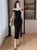 Vestido de noche asimétrico retorcido, femenino vestido midi bodycon ajustado asimétrico con abertura, elegante y estilizado vestido negro