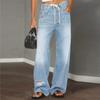 Estilo Callejero Coreano Versátil Casual Cómodo Suelto Cintura Alta Pierna Ancha Cordón Cremallera Recto Roto Denim Pantalones de Mujer