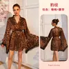 Conjunto de pijama de encaje de malla con estampado de leopardo con cárdigan de manga ancha y falda corta de tirantes ropa de estar en casa 1509+8162