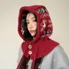 Contiene Gorro y Bufanda de Punto Jacquard Rojo Retro de Lana Todo en Uno para Mujer con Protección para los Oídos, Pasamontañas Cálido para Prevenir el Frío