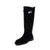 Botas de couro femininas estilo cavaleiro com fivelas prateadas, botas longas de cano alto, novo estilo outono/inverno, bico redondo, salto médio, botas de perna reta, botas femininas de cano até o joelho, botas individuais