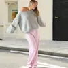Ropa de Mujer Estilo Europeo y Americano Otoño e Invierno Nuevo Cuello Redondo Bajo Hombros Descubiertos Suéter Estilo Perezoso Suéter de Punto Holgado Top de Manga Larga
