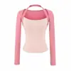 Estilo puramente seductor con diseño de color contrastante, camiseta ajustada de manga larga con cuello halter para mujer, base de camisa de dos piezas simulada, top corto dulce y picante
