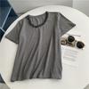 2025 Explosiones Llace Collar Cuello Redondo Manga Corta Diseño Camiseta Sentido Cubriendo Carne Adelgazante Estilo Occidental Combinación Total Top Hombro Estilo Coreano