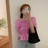 Camisa corta elegante de primavera con cuello cuadrado y encaje de hongo de Corea del Sur, sin tirantes y mangas abullonadas para mujer
