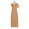 Verão 2026 Novo Estilo Garota Popular Assimétrico Ombro Único Torcido Dupla Camada Malha Vestido Feminino Elástico Slim Fit Bodycon Longo