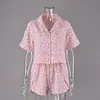 Conjunto de Pijama de Algodón Puro para Mujer, Fresco para Otoño e Invierno, Manga Corta, Shorts con Abertura, Conjunto de Dos Piezas, Ropa de Casa Estampada para Mujer