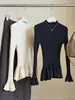 Top de punto francés suave y dulce con manga acampanada para mujer, nuevo estilo de otoño, estilo coreano, dobladillo con volantes, capa base interior