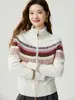 Suéter 100% Cachemir Puro para Mujer 26 Otoño Invierno Nuevo Fair Isle Engrosado Doble Cremallera Cuello Semi Alto Cárdigan de Punto Abrigo