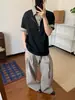 Miu azul camisa polo falsa de duas peças com meio zíper e manga curta masculina verão retrô americano solta casual xadrez camiseta de manga curta
