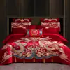 Juego de cuatro piezas para boda, todo algodón, festivo, diseño de dragón y fénix, ropa de cama de algodón puro para bodas, recién casados y parejas recién casadas, con una funda de edredón rojo brillante