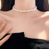Colar Choker Simples de Zircônia Pérola Torcida de Camada Dupla Empilhada Moda Francesa Corrente Elegante Alta para Clavícula