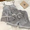Pijama de Algodón Nube para Mujer, Verano, con Almohadillas Integradas en el Pecho, Estilo Coreano, Dulce, a Cuadros, Conjunto de Camisola y Shorts para Casa, Se Puede Usar Afuera