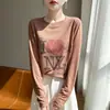 Camiseta Raglan de Manga Longa com Bloqueio de Cores Estrela Estilo Retrô Americano Transfronteiriça para Mulheres, Novo Design de Outono, Gola Redonda Nicho, Caimento Solto