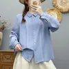 2026Camisa de Algodão para Bebê Cor Sólida Gola Patchwork com Ponto Vazado Listrada Outono Nova Camisa Feminina Literária