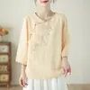 Nuevo top de otoño para mujer, camisa de manga tres cuartos, jersey fino de lino bordado vintage elegante con cuello mao y media tapeta