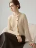 Elegante cardigã suéter de outono 100% caxemira pura para mulheres, gola redonda, com acabamento plissado, oferecendo um visual de tricô sofisticado e de caimento solto