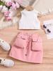 Conjunto de Duas Peças Infantil Europeu e Americano Transfronteiriço Meninas Primavera e Verão Cor Pura Algodão Gola Alta Blusa de Tricô Saia Elástica Categoria a Segurança
