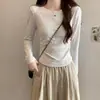 Atacado do Fabricante Outono e Inverno 92% Algodão Gola Redonda Manga Longa Camiseta Feminina Cor Sólida Cintura Franzida Emagrecedor Versátil Top Curto