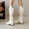 Nueva colección de otoño 2026 para mujer: Botas de talle alto, plisadas y con tacón de bloque, que presentan punta cuadrada, estilo retro, diseño versátil y un efecto adelgazante, perfectas como botas altas de montar.