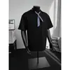 Camiseta masculina de verão com estampa xadrez azul estilo náutico, manga curta, ombro normal, designer de nicho, polo falsa de duas peças, algodão