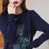 Suéter de malha 100% algodão puro para mulheres, top de outono com gola redonda e manga longa, novo suéter estampado, camiseta de base