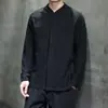 Nueva Camisa de Lino de Algodón Chino Estilo Zen Botón de Rana Manga Larga Temporada de Primavera y Otoño Estilo Nacional Ropa para Hombre Color Sólido Cuello en V Casual Retro