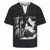 Camiseta de manga corta de dos piezas de imitación con botones de perla y efecto desgastado para hombre y mujer, nuevo estilo visual de estampado de castillo de subcultura, top holgado