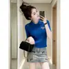 Camiseta de Punto Azul Elegante con Cuello Solapa, Hombro Recto, Manga Corta para Mujer, Nueva Colección Verano 2026, Versátil, Casual, Rejuvenecedora