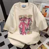 Camiseta de Manga Corta con Estampado de Dibujos Animados de Algodón Puro Estilo Americano para Mujer Verano 2025 Nuevas Camisetas Versátiles Blancas y Grises para Pareja