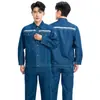 Conjunto de vestuário de trabalho unissex em algodão puro penteado e jeans, uniforme de trabalho de manga longa resistente ao calor e para soldagem, adequado para reparo automotivo e trabalho em fábrica, com elementos refletivos para segurança