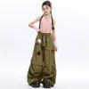 Roupa para Meninas de Jazz Dance, Estilo Doce e Descolado, Colete Falso de Duas Peças, Calça Wide Leg Verde Militar, Conjunto Fashion, Roupa de Jazz Dance