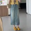 Saia Midi Jeans Simples Reta de Cintura Alta Feminina Emagrecedora Versátil Saia Jeans Midi em Linha A