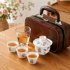 Juego de té de viaje color jade, tetera de cerámica, gaiwan, taza de té de porcelana blanca para exteriores, bandeja de té de vidrio, regalo de empresa