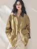 ShengduDesconto por tempo limitado: Trench coat estilo vintage com lapelas em couro PU de cor contrastante e design de retalhos xadrez