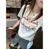 Camiseta de Manga Curta Escovada com Bordado de Letras Estilo Coreano Dongdaemun Primavera e Verão para Mulheres, Caimento Justo, Versátil, Manga Regular, Camiseta Básica