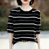 Camiseta de punto de manga corta de seda helada éxito de verano, cuello redondo, a rayas, fina, estilo coreano, top con bloques de color, ropa simple retro para mujer