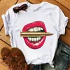 Comércio Exterior Amazon Camiseta com Estampa de Lábios Feminina Manga Curta Solta Tendência Casual Gola Redonda Branca Manga Curta Top