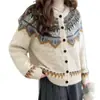 Cardigã suéter Fair Isle estilo coreano para mulheres, novo top de tricô casual solto vintage outono e inverno 2026