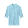 Camiseta de punto de manga corta para mujer con patrón de corteza y flor de rosa, cuello polo francés, 100% lana fina, versátil y estiliza la figura