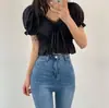 Camisa Top de Manga Corta con Retazos de Encaje y Cuello en V, Estilo de Diseño Francés Chic Coreano, Nueva Moda Femenina Estilo Coreano