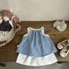 Conjunto de Colete para Meninas Transfronteiriço, Novo Estilo de Verão, Xadrez Elegante com Acabamento em Renda Suspenso, Conjunto de Duas Peças Sem Mangas da Moda para Bebê