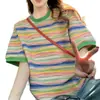 Camiseta de Manga Corta a Rayas de Colores para Mujer 2026 Nuevo Verano Retro Americano Diseño Reductor de Edad Top Holgado Casual